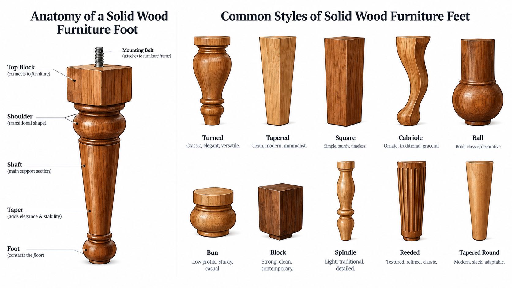 An educational infographic illustrating the parts and various common styles of solid wood furniture feet.
