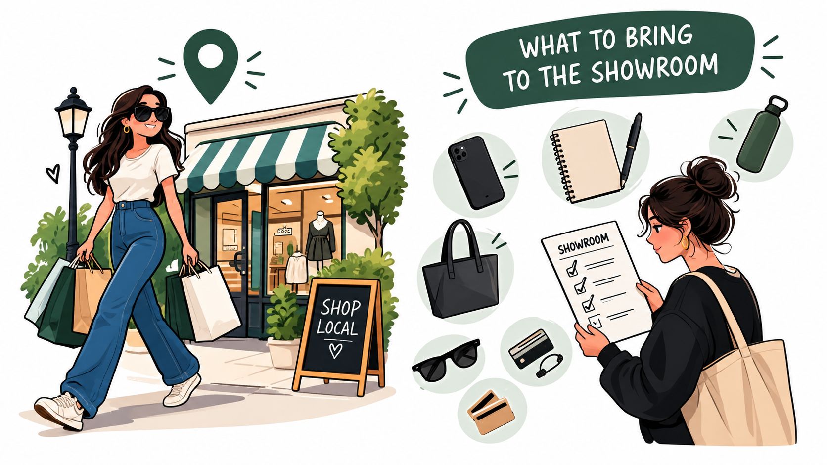 A woman shopping at a local store with a checklist of items to bring to a showroom.