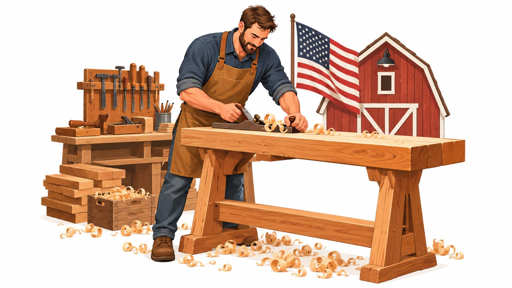 A craftsman working on a solid wood table with a hand plane in a traditional woodworking shop.