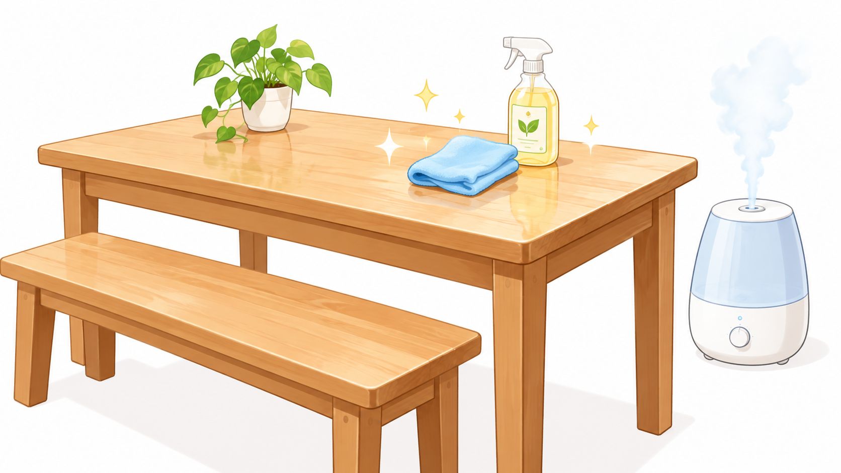 A clean wooden table with a matching bench, featuring a plant, cleaning spray, cloth, and a humidifier.
