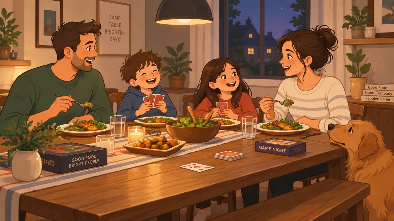 A happy family enjoys a meal together at a solid wood table with bench during game night.