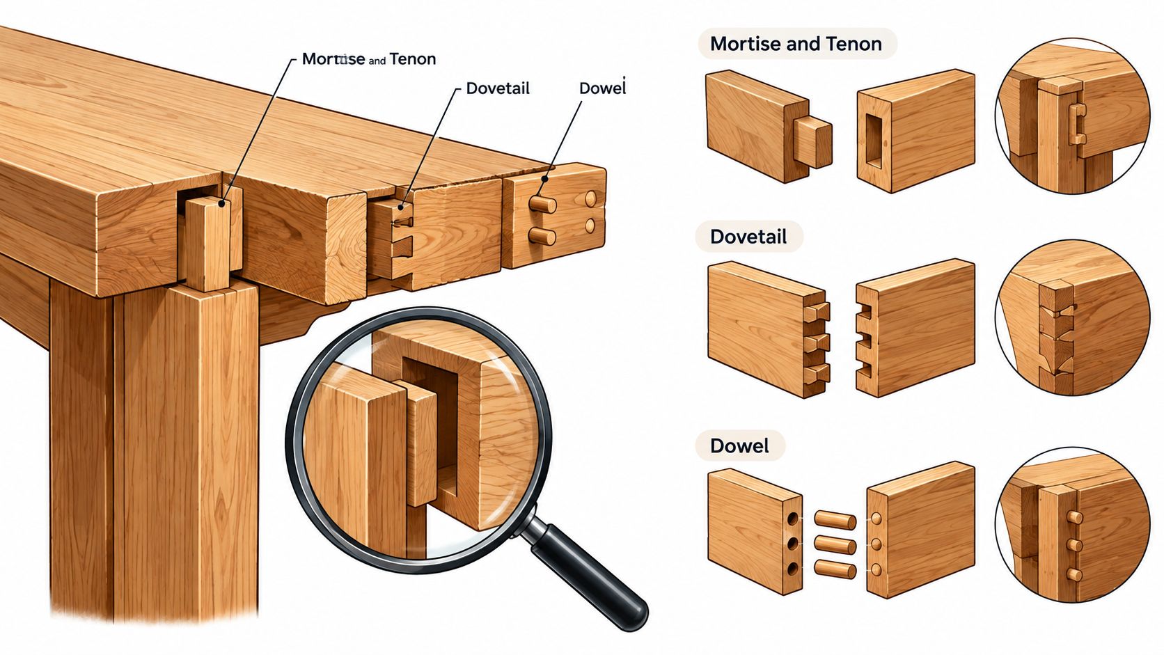 A detailed illustration showing three different types of wooden furniture joints: mortise and tenon, dovetail, and dowel.