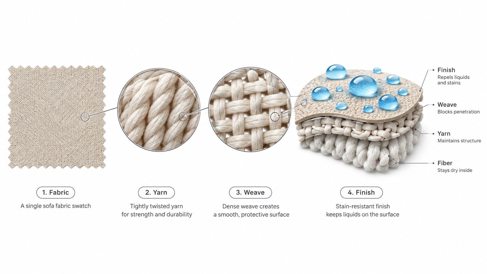 A diagram illustrating the four layers of stain-resistant fabric, including fiber, yarn, weave, and protective finish.