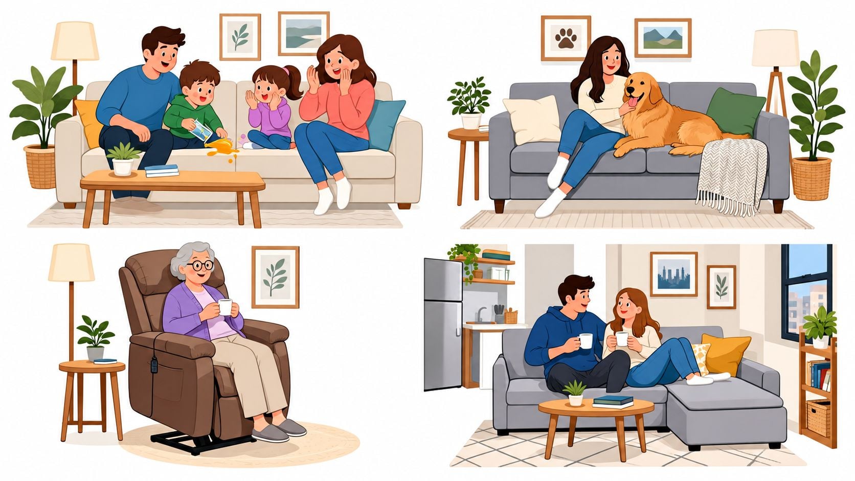 A composite image showing various family activities on stain resistant sofas, armchairs, and living room furniture.