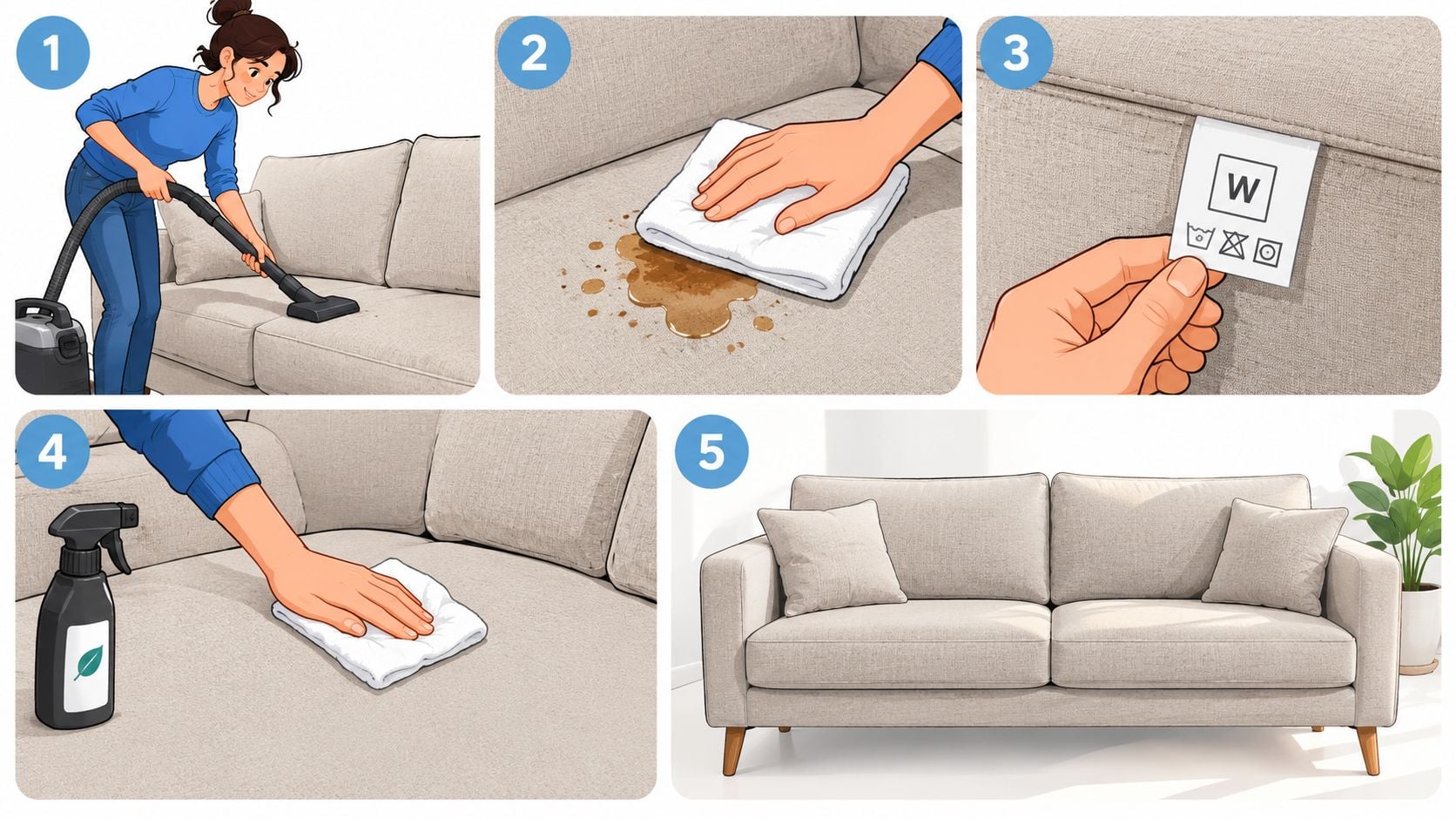 A five-step instructional guide showing a person cleaning a stain from a light-colored fabric sofa.