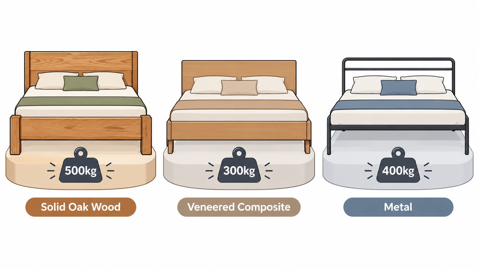 Three different types of beds, solid oak wood, veneered composite, and metal, showing their respective weight capacities.