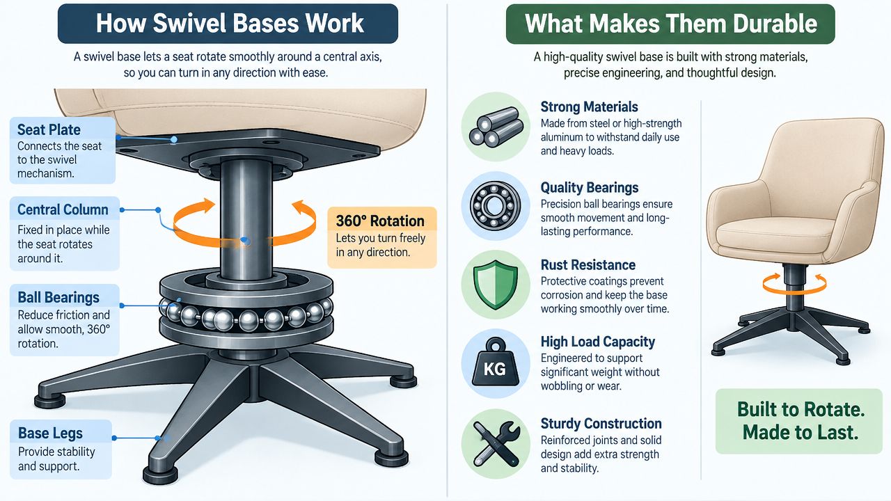 A detailed infographic explaining the components and durability features of a 360-degree swivel chair base.