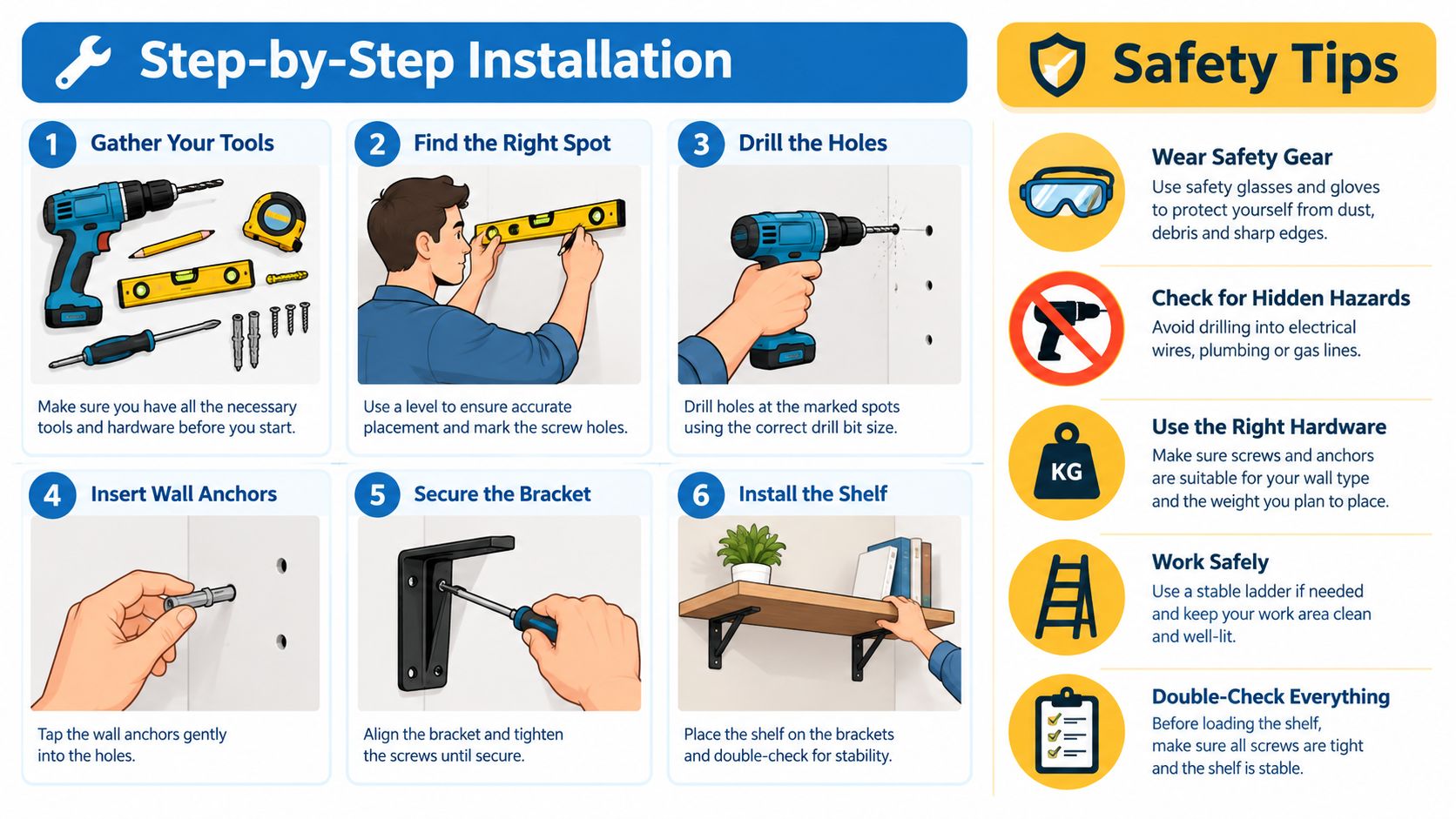 An infographic showing a six-step guide for installing wall shelves and providing essential safety tips for home projects.