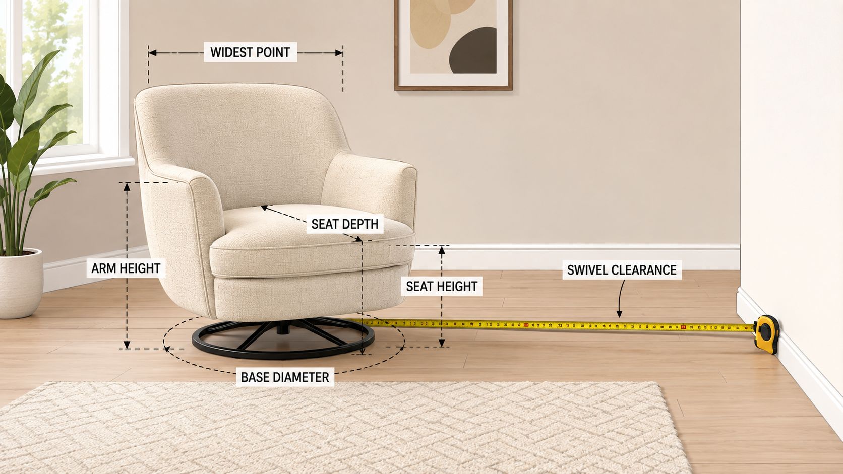 A beige swivel rocker accent chair displayed with measurement lines showing its dimensions for home furniture sizing.