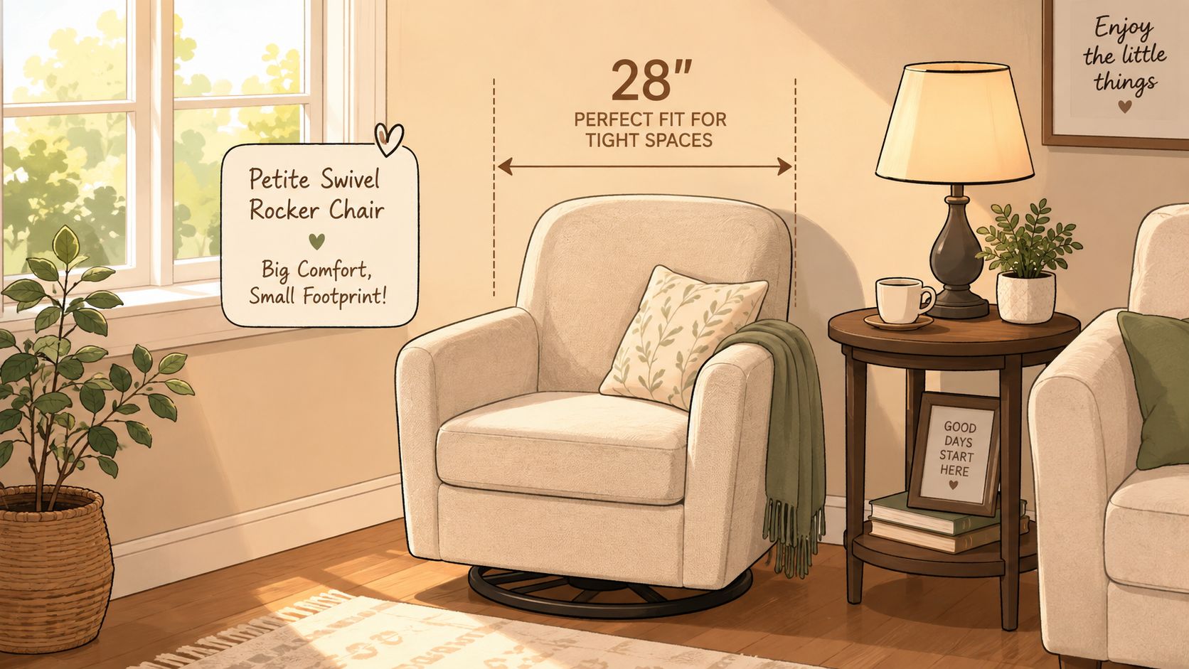 A beige petite swivel rocker accent chair sits in a cozy living room next to a side table.