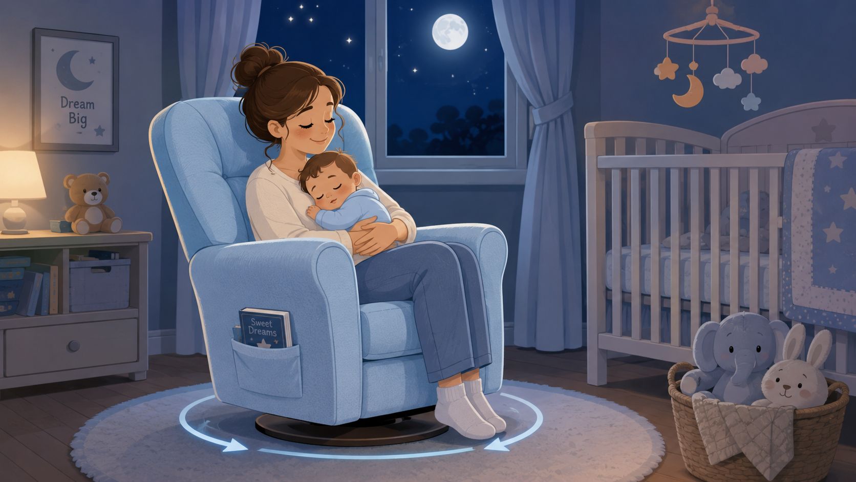 A mother gently cradling her sleeping baby in a light blue swivel rocker accent chair at night.