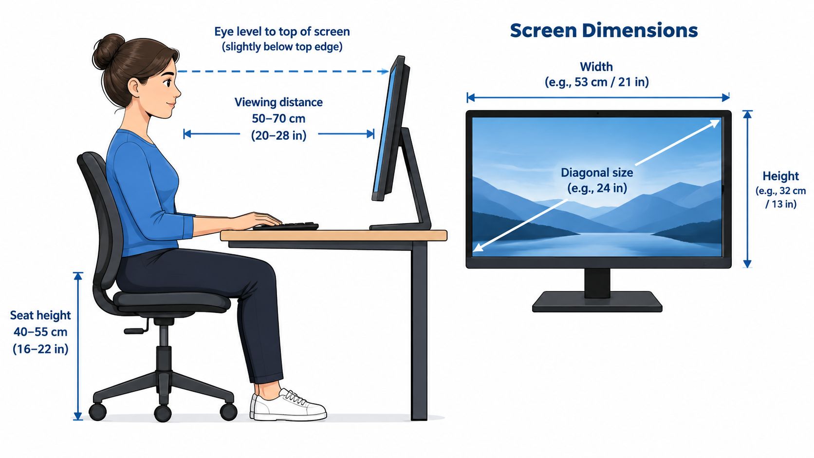 A diagram illustrating the correct ergonomic posture and ideal monitor setup for a comfortable workstation desk.