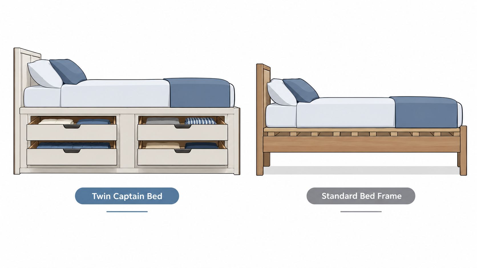 A comparison illustration between a twin size captain bed with built-in storage drawers and a standard bed frame.