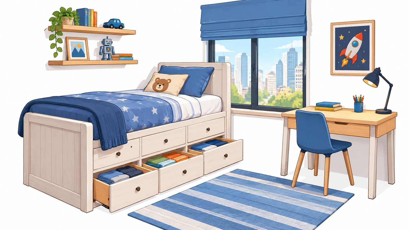 A cozy child's bedroom featuring a twin size captain bed, wooden desk, and cityscape window view.