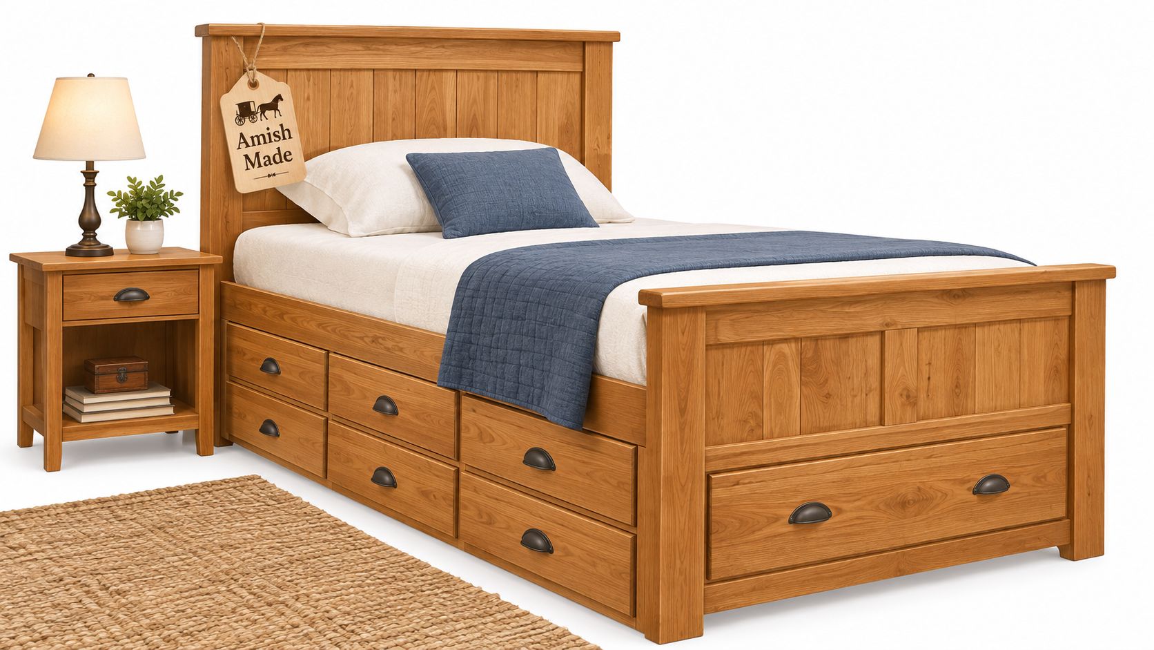 A sturdy wooden twin size captain bed with built-in storage drawers next to a matching nightstand.