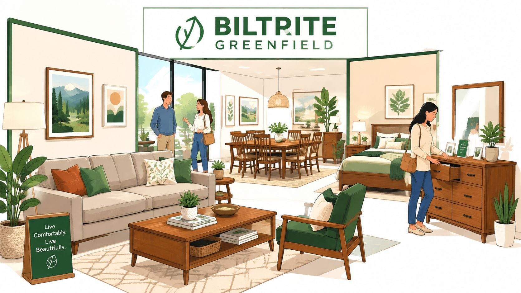 A modern furniture showroom interior featuring wooden furniture, a cozy sofa, dining set, and bedroom display.