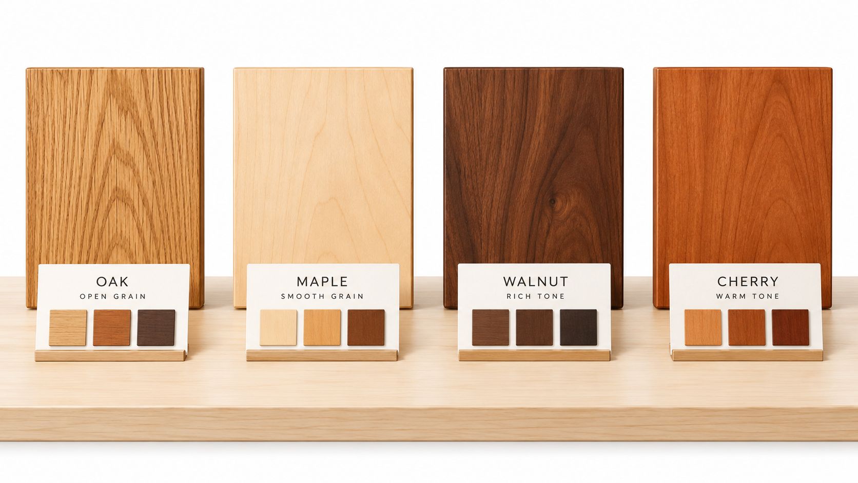 A display of four wood type samples including oak, maple, walnut, and cherry on a wooden shelf.