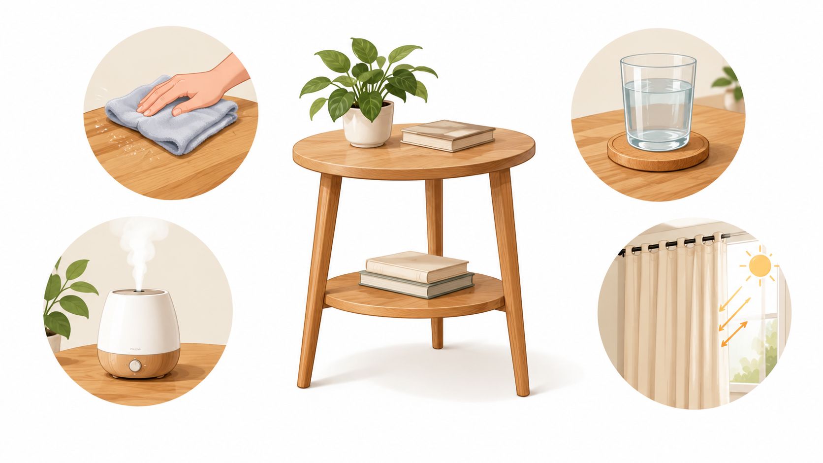 A wooden end table surrounded by icons showing maintenance tips like dusting, using coasters, and managing sunlight.