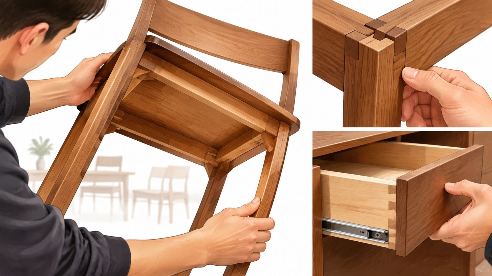 A craftsman inspecting the joinery of high-quality handcrafted wooden furniture including a chair and a drawer.