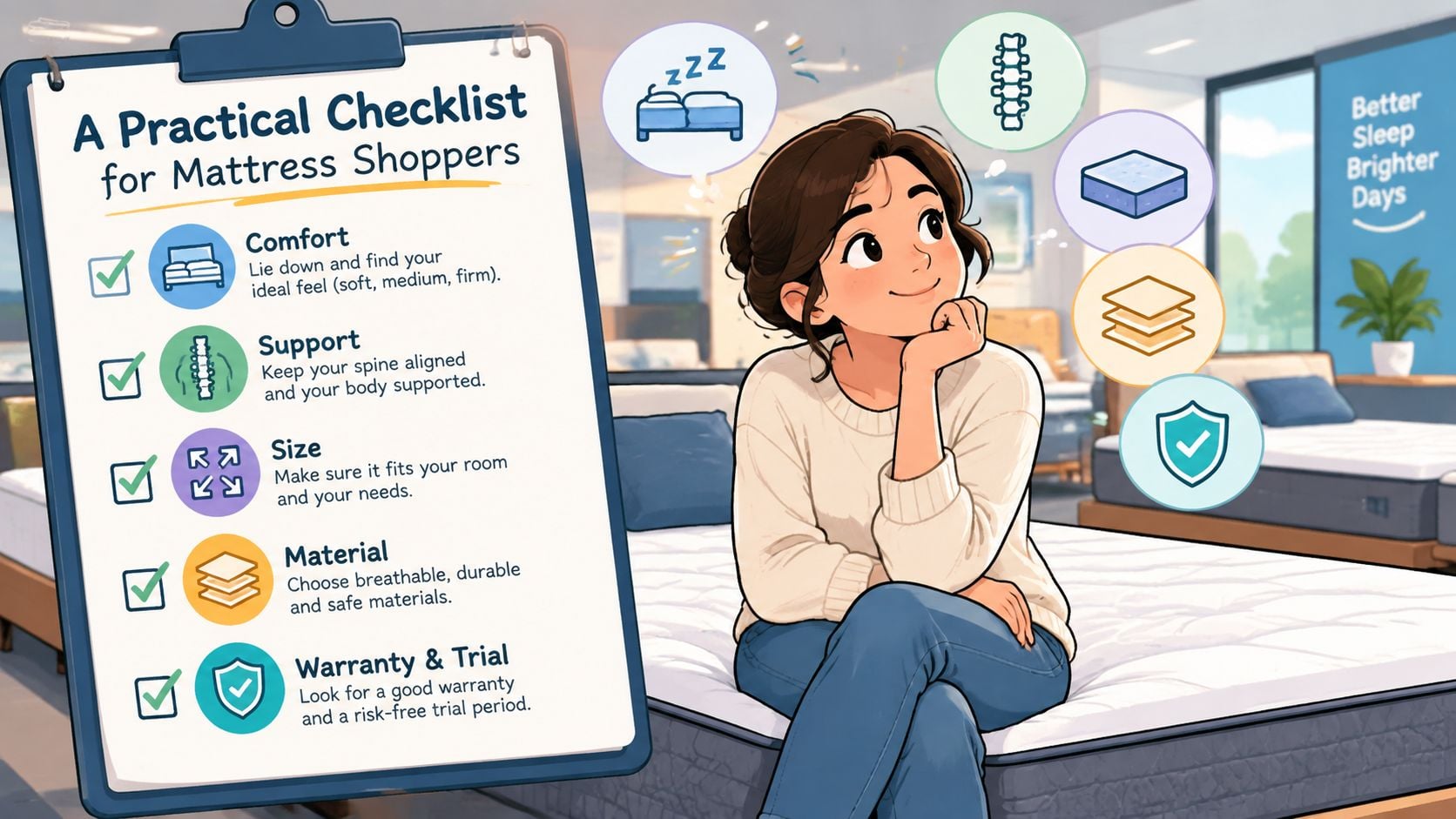 A woman thinking about mattress selection tips on a checklist in a bright, modern furniture store.