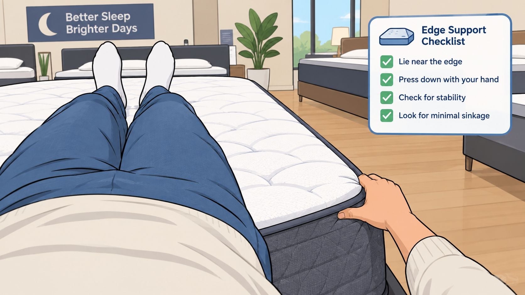 A person testing edge support on a mattress by pressing down on the side with their hand.