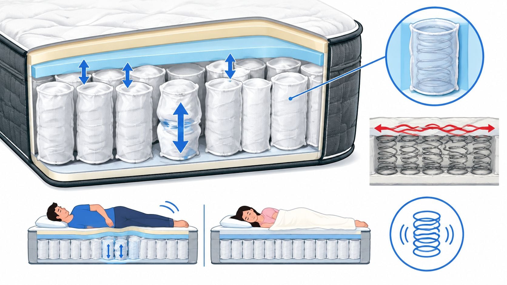A cross-section illustration showing individual pocketed coils inside a mattress to demonstrate superior motion isolation and support.
