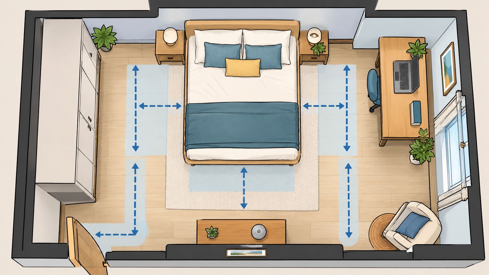 Top-down floor plan showing a bedroom layout designed for optimal accessibility with clear circulation paths.