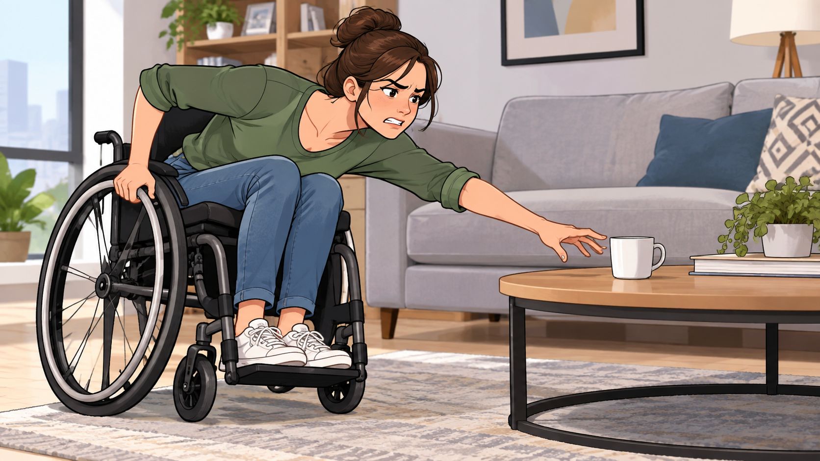 A woman in a wheelchair reaching across a coffee table to grab a white ceramic mug.