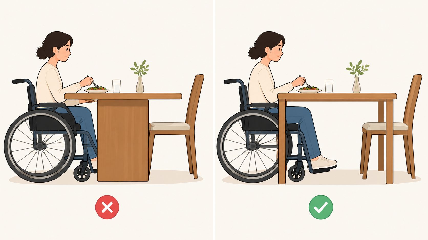 A side-by-side illustration showing incorrect versus correct table height for wheelchair accessible furniture in a home.