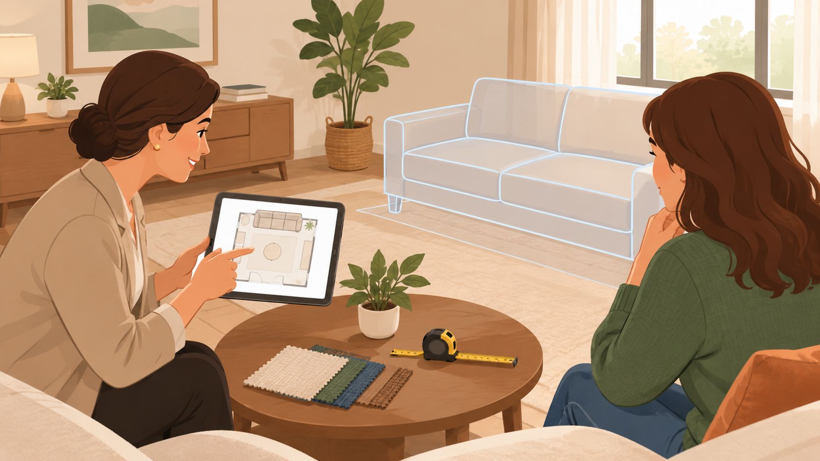 An interior designer and client reviewing a digital room plan on a tablet with fabric swatches.