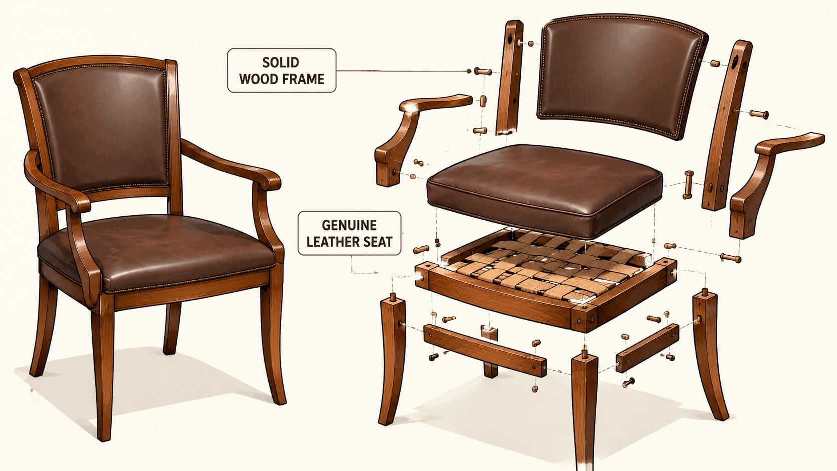 An exploded view diagram showing the assembly components of a classic wooden desk chair with leather seating.