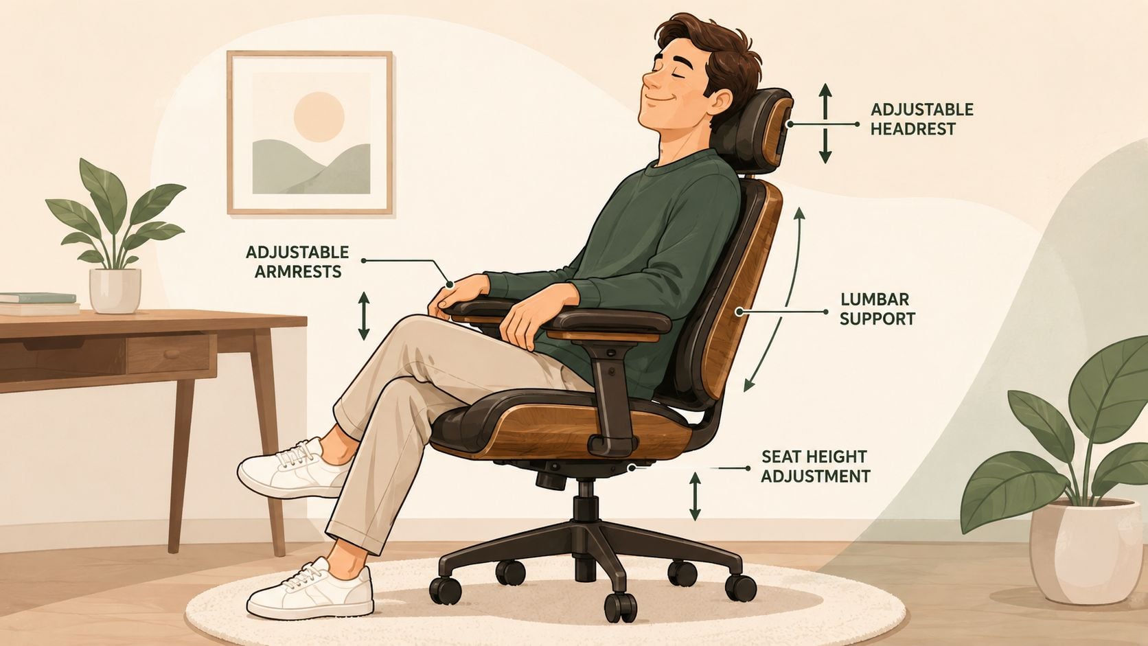 A man relaxing in a modern ergonomic wood and leather desk chair with adjustable features in a home office.