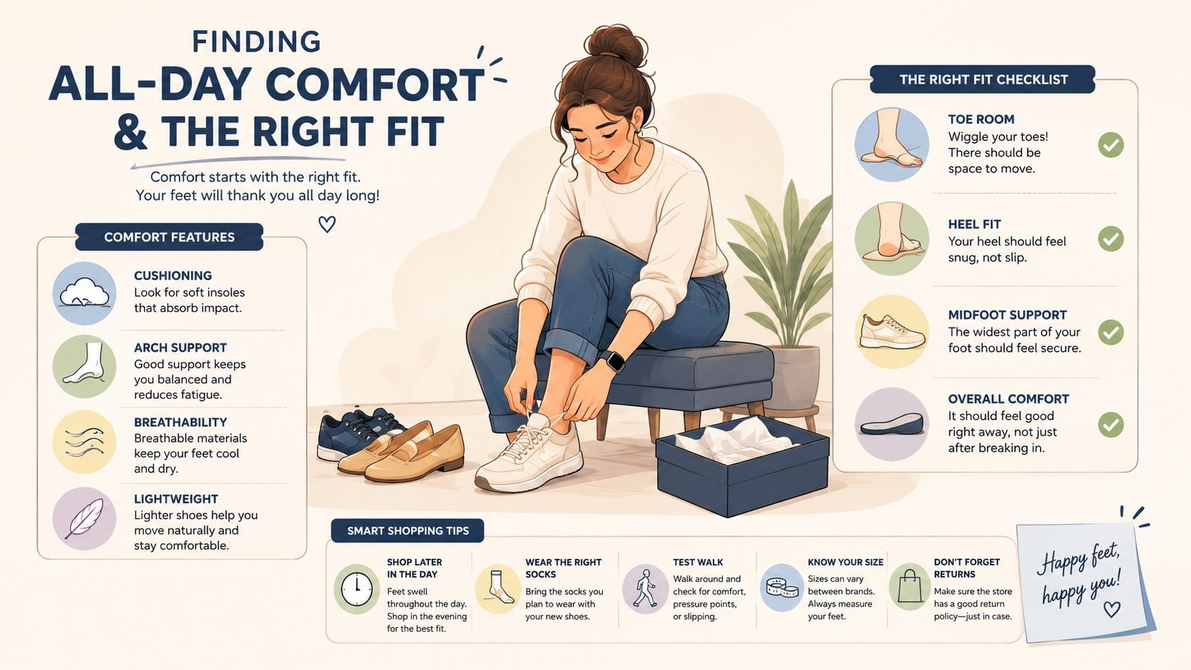 An infographic illustrating tips for finding comfortable shoes, including fit checklists, comfort features, and smart shopping advice.