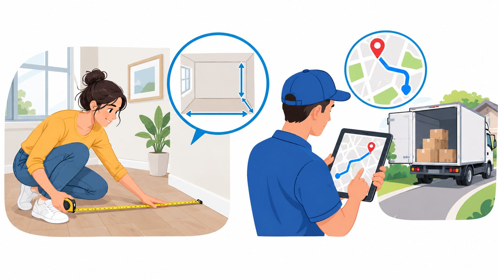 A woman measures floor space while a delivery driver checks a navigation map for moving logistics.