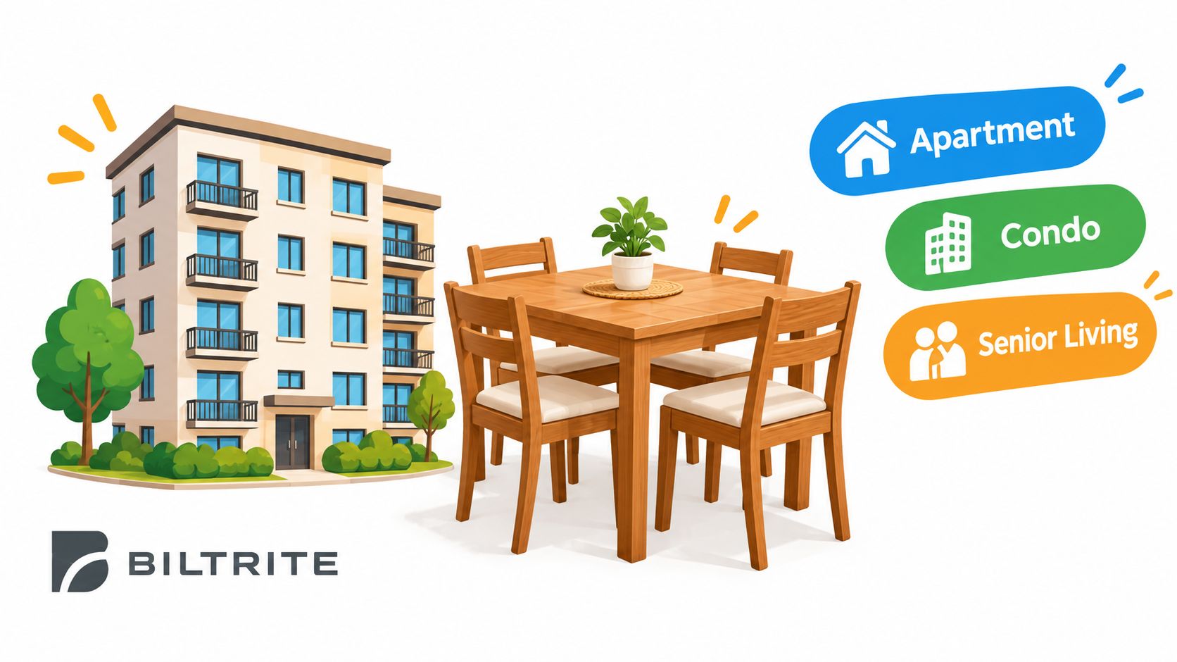 A Biltrite illustration showing an apartment building alongside a wooden dining table for various housing types.