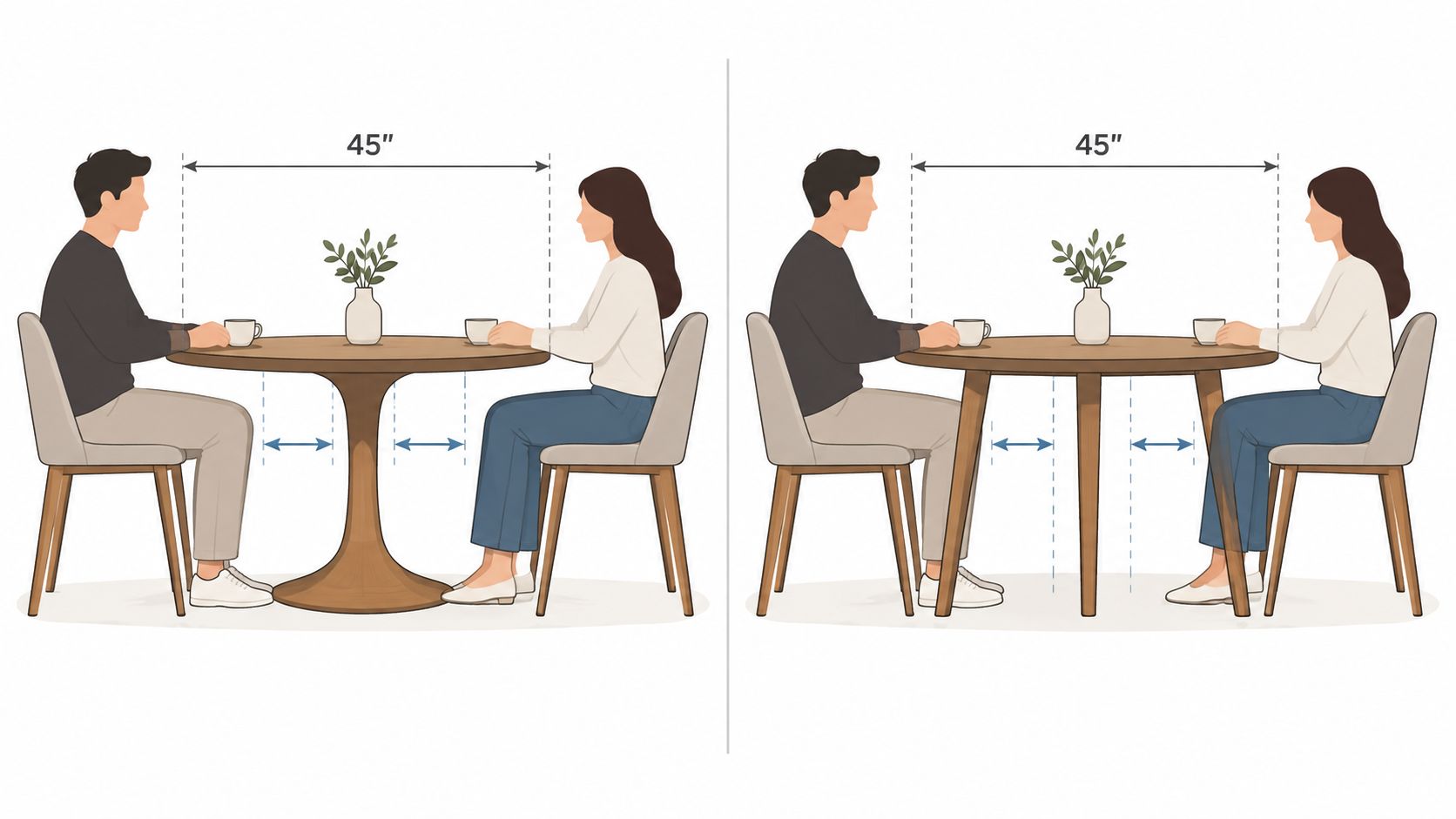 Two 45 inch round dining tables showing seating space comparison for a man and a woman.