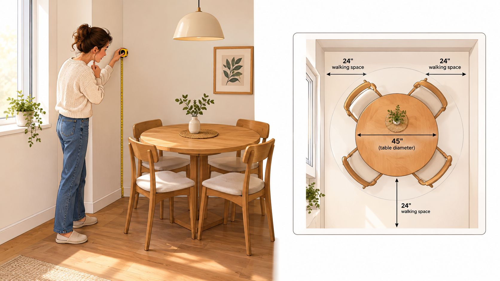 A woman measuring a wall corner with a tape measure next to a 45-inch round dining table.