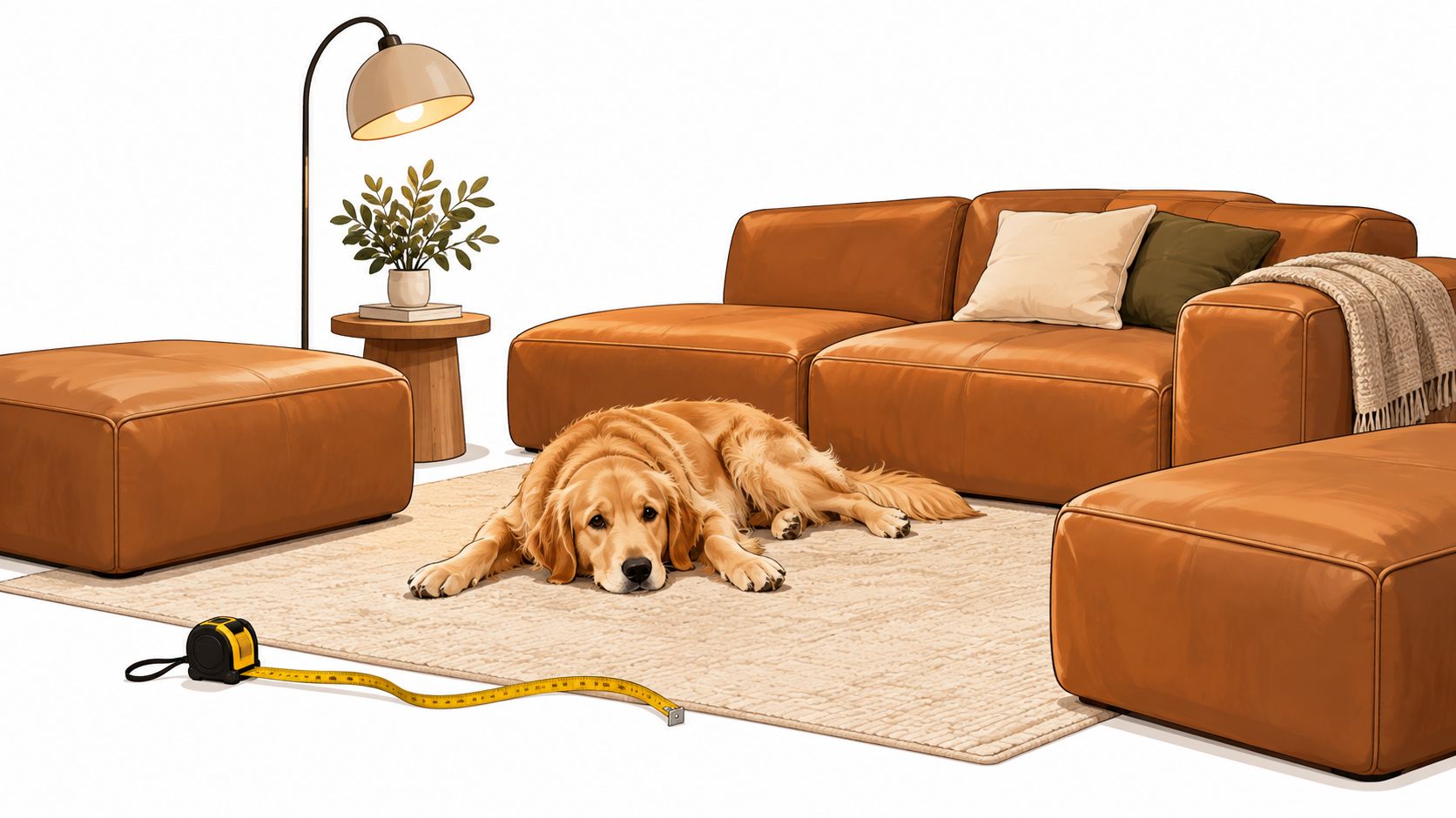 A golden retriever lying on a rug next to a modern brown leather sectional sofa and ottoman.