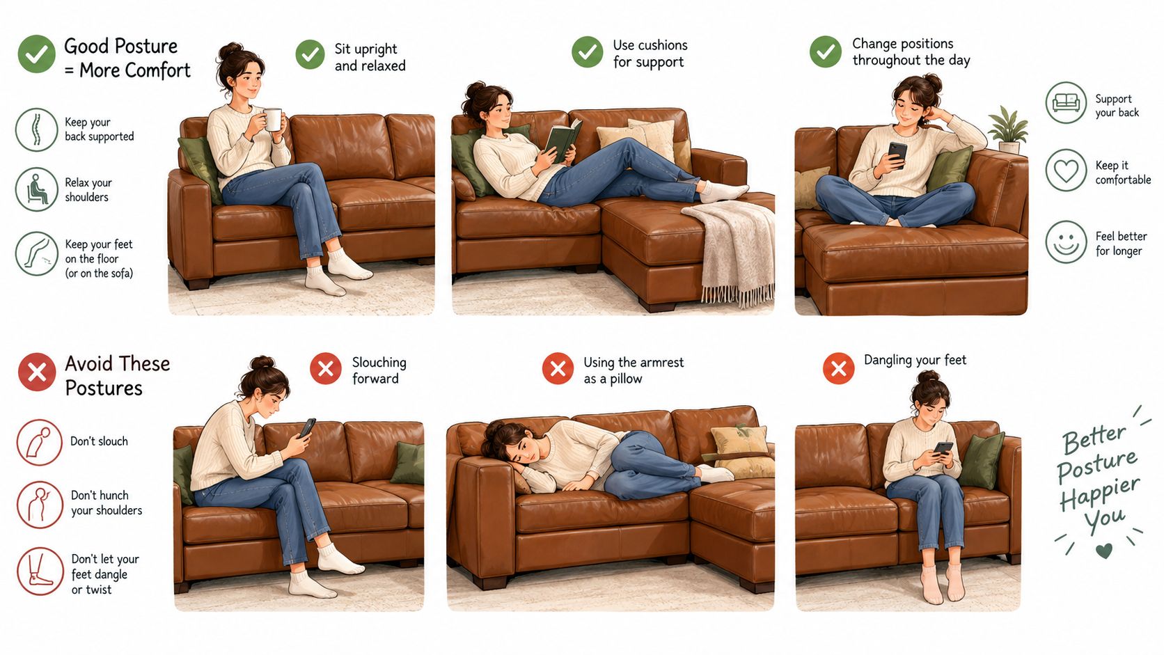 An infographic illustrating healthy and unhealthy sitting postures on a five piece leather sectional sofa.