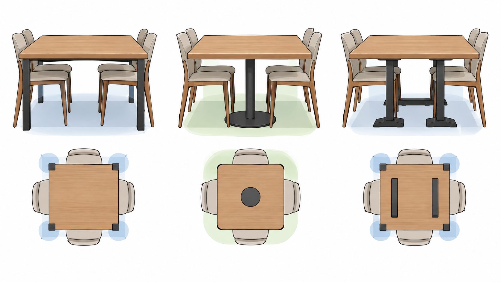 Three different styles of square dining tables with four chairs each shown from front and top views.