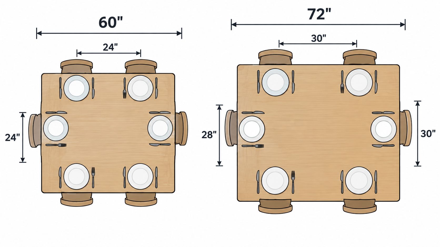 Diagram showing the dimensions of two different sized rectangular dining tables with chairs and place settings.