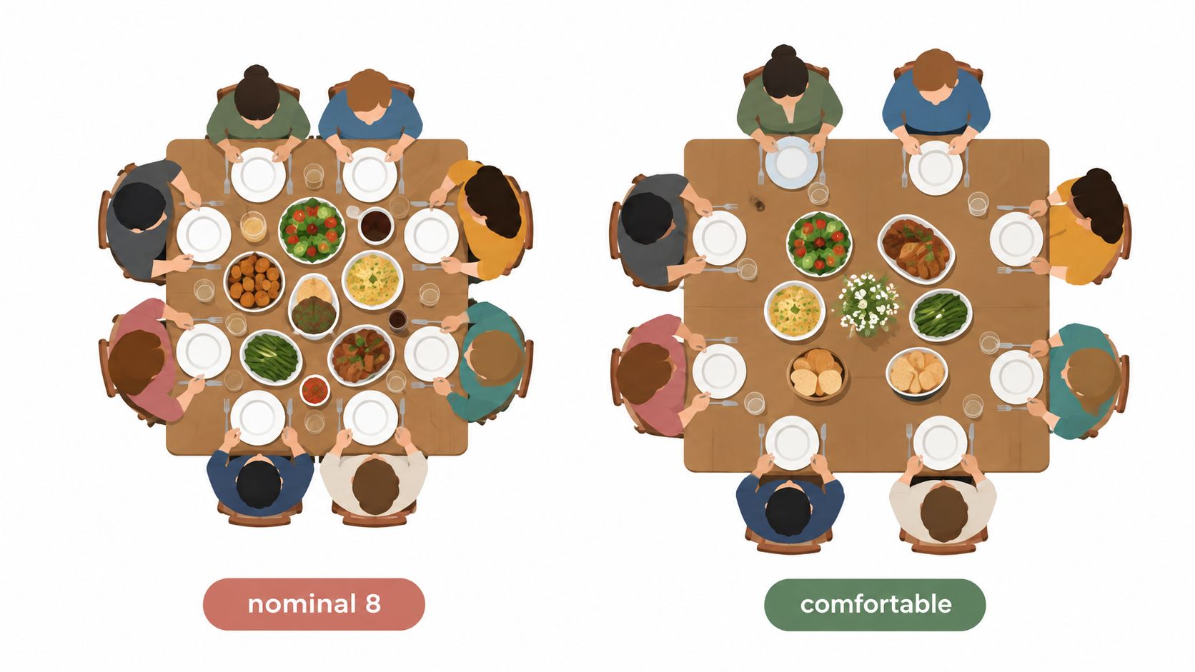 Top-down view comparing a square dining table with eight chairs in nominal and comfortable seating arrangements.