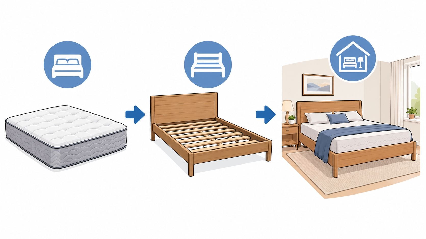 An illustration showing the sequence of a mattress, which requires a bed frame, which then fits into a bedroom.