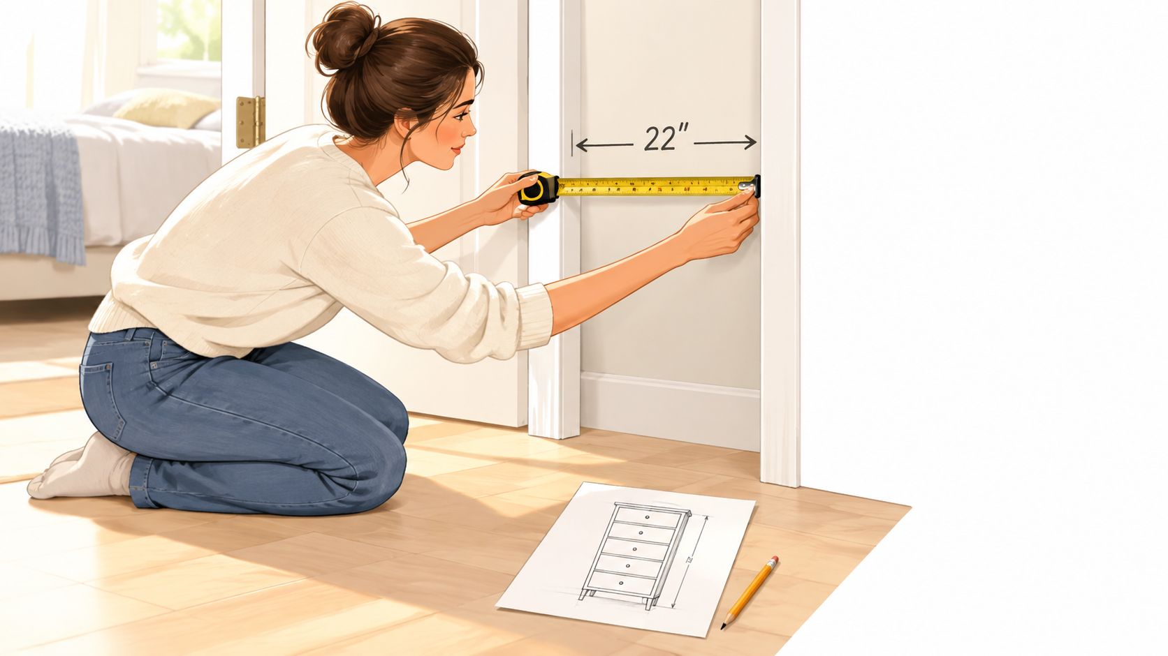 A young woman measures a doorway with a tape measure while planning furniture placement on paper.