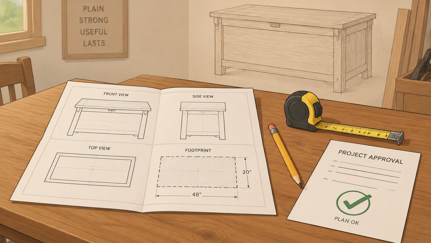 A blueprint of a wooden chest on a workshop table next to a measuring tape and pencil.
