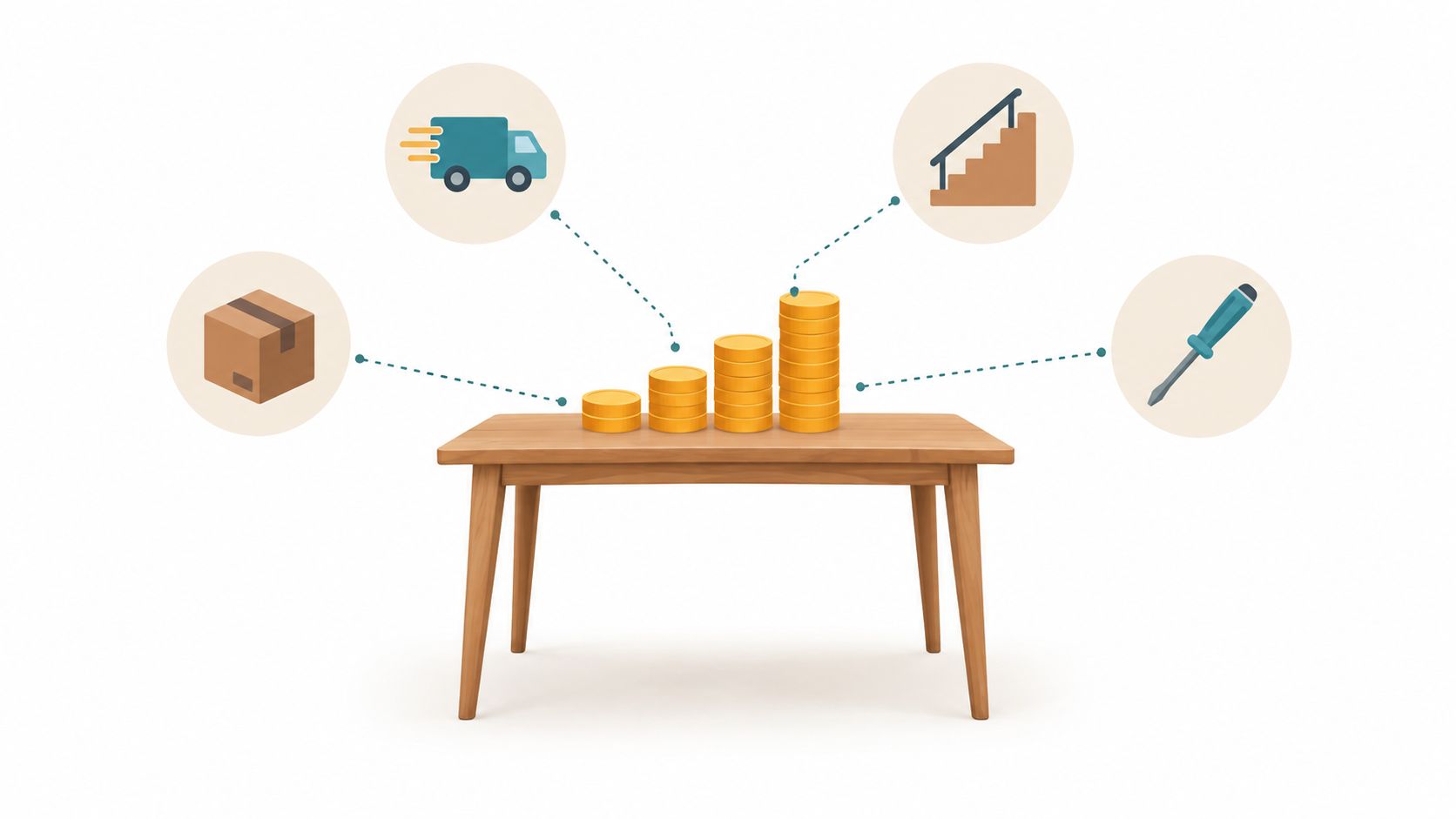 A wooden table displaying stacks of gold coins linked to icons representing shipping, delivery, assembly, and furniture.