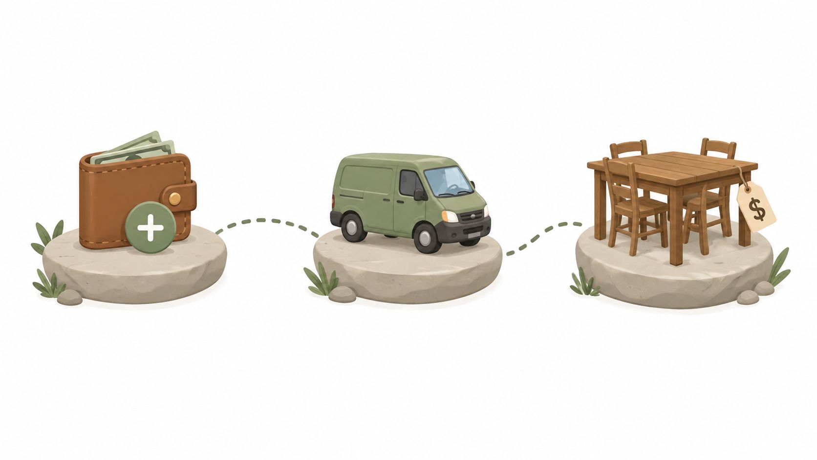 A digital illustration showing a progression from wallet spending to delivery van to wooden furniture for sale.