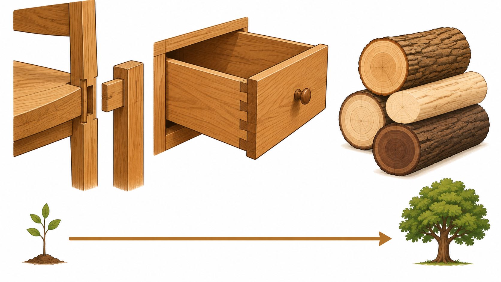 An illustration showing the progression from a growing sapling to a tree, logs, and finished wooden furniture pieces.