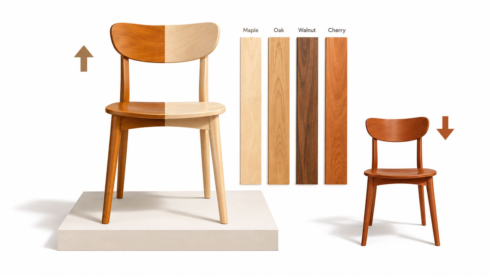 A split-view wooden dining chair showcasing two different finish options next to wood samples.