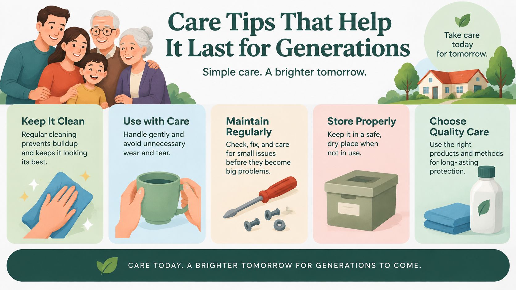 A family caring for their home and possessions with tips for cleaning, maintenance, and proper storage.